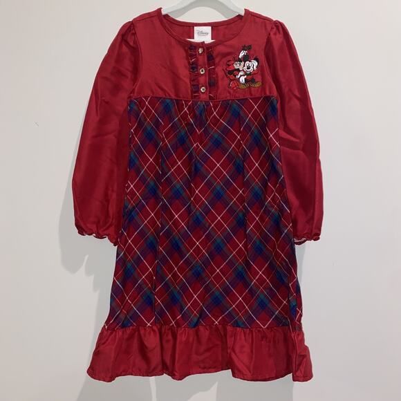 DISNEY Sz 5-6 Nightgown Minnie Mickey Mouse Christmas Plaid Tartan Embroidered - Picture 1 of 6